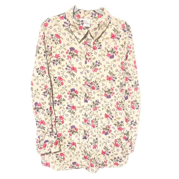 JMS Crinkle Gauze Floral Long Sleeve Button Down Shirt Blouse Large - Picture 1 of 7